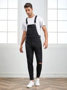 GENTILAND Men Flap Pocket Ripped Denim Dungarees Without Tee - Black - View 5