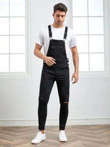GENTILAND Men Flap Pocket Ripped Denim Dungarees Without Tee - Black - View 6