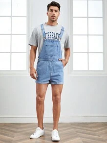 Manfinity VCAY 男士補丁貼口袋牛仔連體短褲不帶T恤 - 淺色水洗藍 - 查看 3