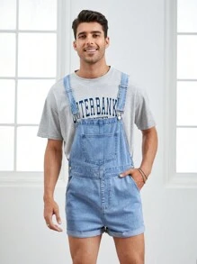 Manfinity VCAY 男士補丁貼口袋牛仔連體短褲不帶T恤 - 淺色水洗藍 - 查看 4