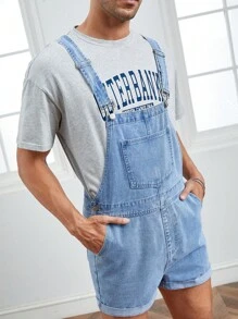 Manfinity VCAY 男士補丁貼口袋牛仔連體短褲不帶T恤 - 淺色水洗藍 - 查看 6