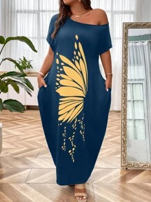 SHEIN LUNE 大碼蝴蝶圖案蝙蝠袖隱藏口袋連衣裙 - 藏蓝色 - 查看 1