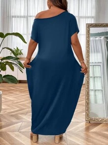 SHEIN LUNE 大碼蝴蝶圖案蝙蝠袖隱藏口袋連衣裙 - 藏蓝色 - 查看 2