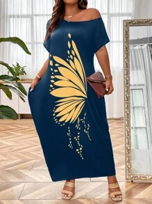 SHEIN LUNE 大碼蝴蝶圖案蝙蝠袖隱藏口袋連衣裙 - 藏蓝色 - 查看 3