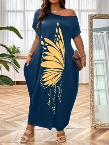 SHEIN LUNE 大碼蝴蝶圖案蝙蝠袖隱藏口袋連衣裙 - 藏蓝色 - 查看 4