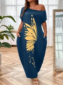 SHEIN LUNE 大碼蝴蝶圖案蝙蝠袖隱藏口袋連衣裙 - 藏蓝色 - 查看 5