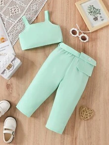 SHEIN Bộ đồ Em bé Thắt lưng màu trơn - màu xanh lá - Xem 5
