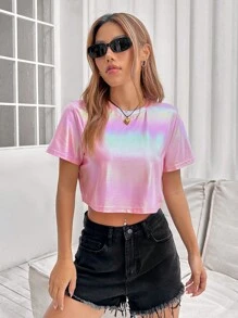 SHEIN EZwear 夏季y2k全息短袖上衣 - 淺粉色 - 查看 3