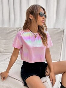 SHEIN EZwear 夏季y2k全息短袖上衣 - 淺粉色 - 查看 4