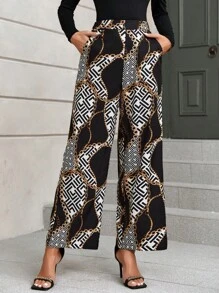 SHEIN Privé 錬條圖案斜口袋闊腿褲 - 彩色 - 查看 1