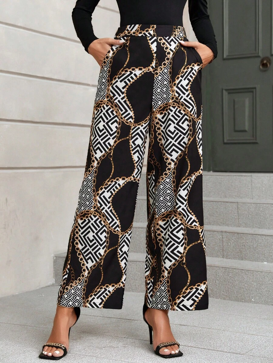 SHEIN Privé 錬條圖案斜口袋闊腿褲 - 彩色 - 查看 1