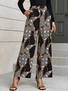 SHEIN Privé 錬條圖案斜口袋闊腿褲 - 彩色 - 查看 5