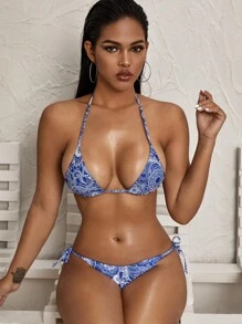 佩斯利印花吊脖三角形側繫帶比基尼泳裝 - 藍白色 - 查看 1