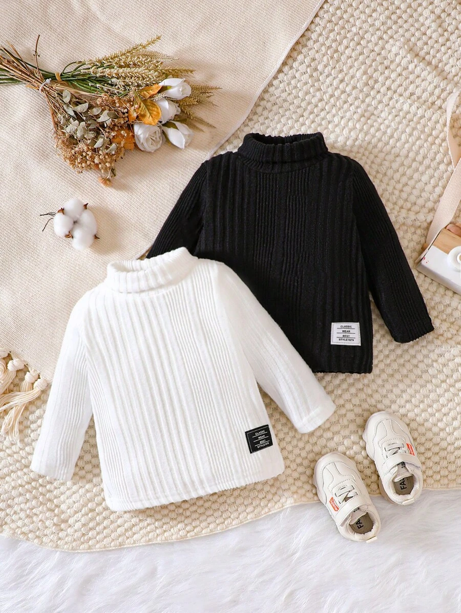 SHEIN 男嬰2入組字母補丁細節高領T恤 - 黑與白 - 查看 1