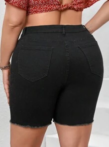 SHEIN Essnce 大碼破洞毛邊牛仔短褲 - 黑色 - 查看 2