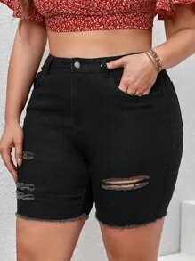 SHEIN Essnce 大碼破洞毛邊牛仔短褲 - 黑色 - 查看 1