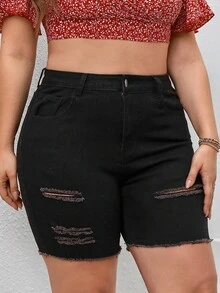 SHEIN Essnce 大碼破洞毛邊牛仔短褲 - 黑色 - 查看 4