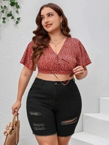 SHEIN Essnce 大碼破洞毛邊牛仔短褲 - 黑色 - 查看 6