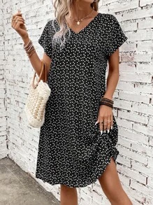 EMERY ROSE Heart Print Batwing Sleeve Dress - Black - View 3
