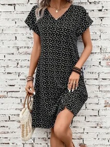 EMERY ROSE Heart Print Batwing Sleeve Dress - Black - View 4