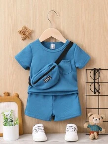 Baby Boy Solid Tee & Shorts & Bag - Blue - View 1
