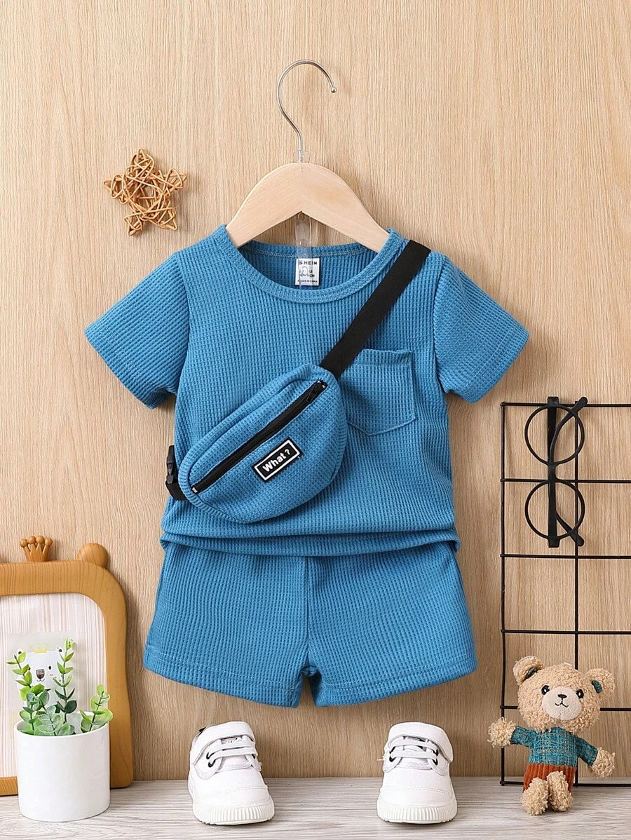 Baby Boy Solid Tee & Shorts & Bag - Blue - View 1