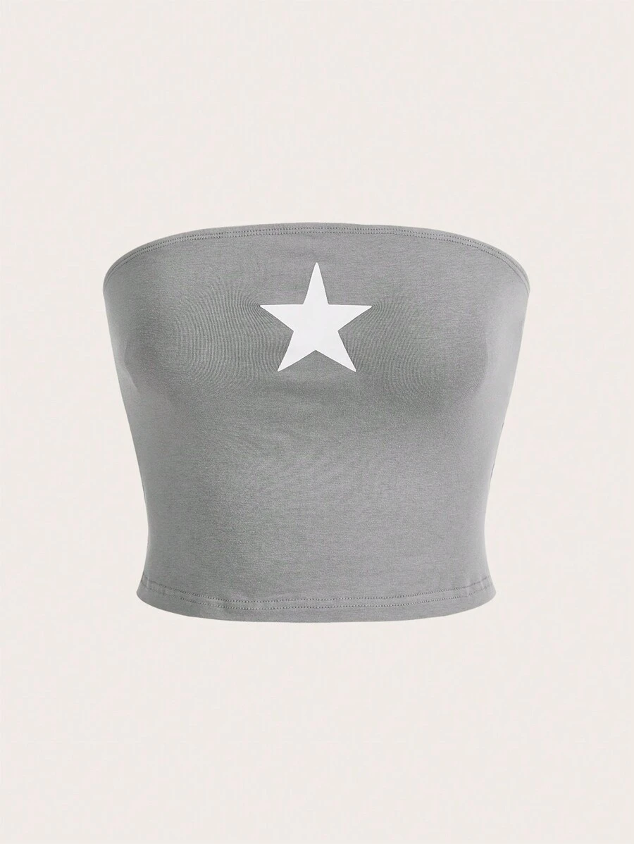 SHEIN EZwear Star Print Tube Top - Grey - View 1