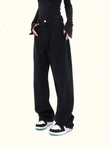 High Waist Straight Leg Jeans - Black - View 1