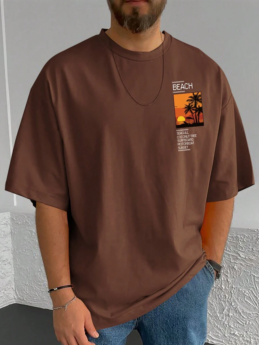 Manfinity RSRT Men Coconut Tree & Slogan Graphic Tee - Coffee Brown - View 1