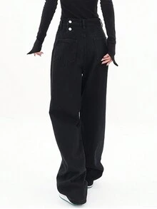 High Waist Straight Leg Jeans - Black - View 6