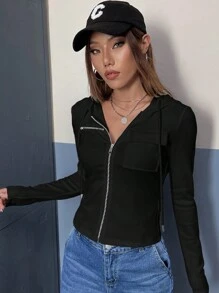 Muchica 翻蓋口袋拉鏈開襟抽繩連帽衛衣