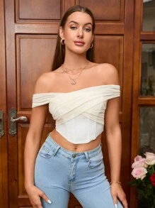 PARTHEA Off Shoulder Ruched Asymmetrical Hem Crop Top - Beige - View 1