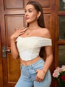 PARTHEA Off Shoulder Ruched Asymmetrical Hem Crop Top - Beige - View 6