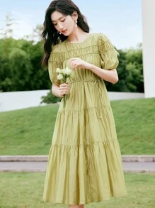 Solid Ruffle Hem Smock Dress - Olive Green - View 1