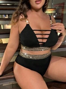 SHEIN Swim Curve Conjunto de bikini de talla grande con cortes y cinta de contraste, para playa de verano - Negro - Ver 1