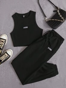 SHEIN EZwear Letter Patched Tank Top & Drawstring Waist Joggers - Black - View 1