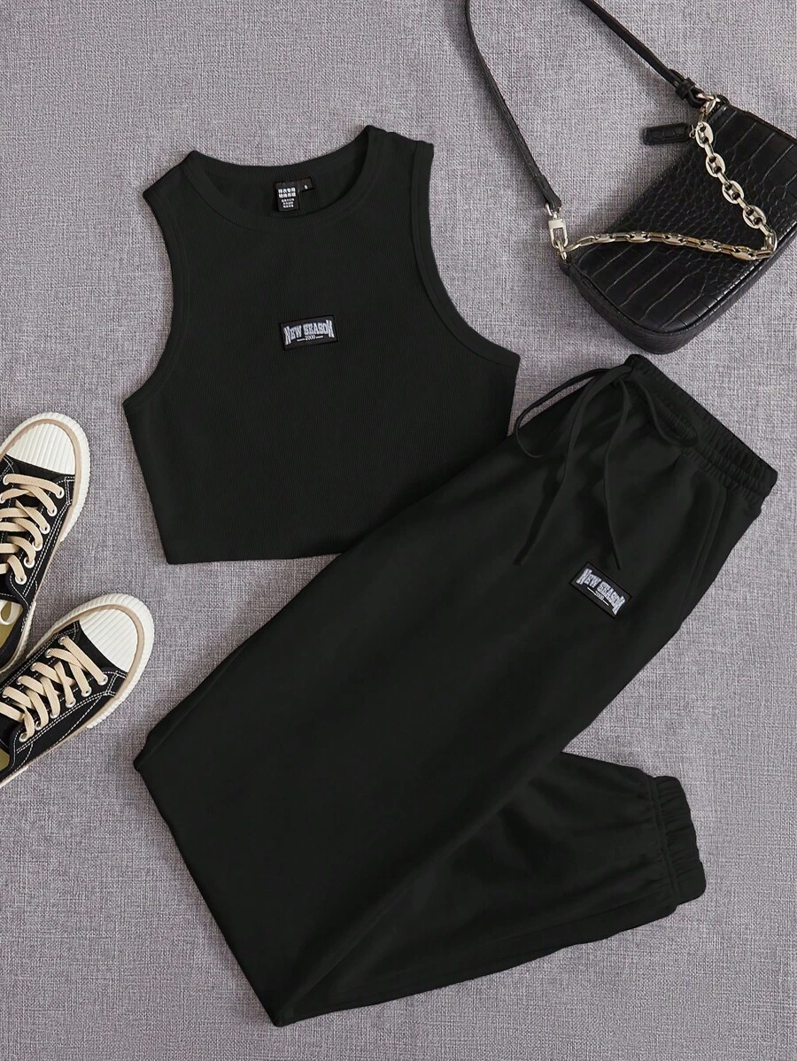 SHEIN EZwear Letter Patched Tank Top & Drawstring Waist Joggers - Black - View 1
