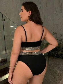 SHEIN Swim Curve Conjunto de bikini de talla grande con cortes y cinta de contraste, para playa de verano - Negro - Ver 2