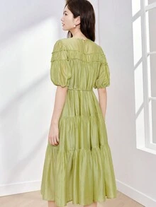 Solid Ruffle Hem Smock Dress - Olive Green - View 2
