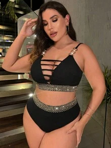 SHEIN Swim Curve Conjunto de bikini de talla grande con cortes y cinta de contraste, para playa de verano - Negro - Ver 3