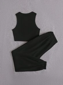 SHEIN EZwear Letter Patched Tank Top & Drawstring Waist Joggers - Black - View 2