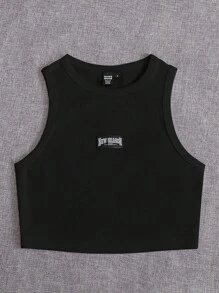 SHEIN EZwear Letter Patched Tank Top & Drawstring Waist Joggers - Black - View 3