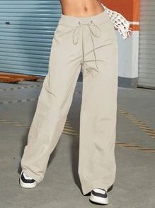 素色斜口袋腰部抽繩闊腿褲 - 杏色 - 查看 1