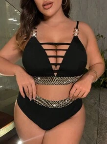 SHEIN Swim Curve Conjunto de bikini de talla grande con cortes y cinta de contraste, para playa de verano - Negro - Ver 4