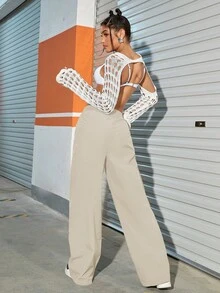 素色斜口袋腰部抽繩闊腿褲 - 杏色 - 查看 2