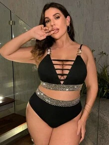 SHEIN Swim Curve Conjunto de bikini de talla grande con cortes y cinta de contraste, para playa de verano - Negro - Ver 5