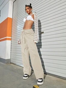 素色斜口袋腰部抽繩闊腿褲 - 杏色 - 查看 3