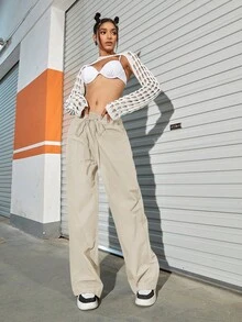 素色斜口袋腰部抽繩闊腿褲 - 杏色 - 查看 4