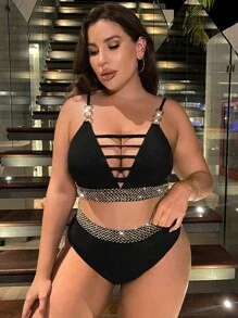 SHEIN Swim Curve Conjunto de bikini de talla grande con cortes y cinta de contraste, para playa de verano - Negro - Ver 6