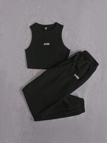SHEIN EZwear Letter Patched Tank Top & Drawstring Waist Joggers - Black - View 5